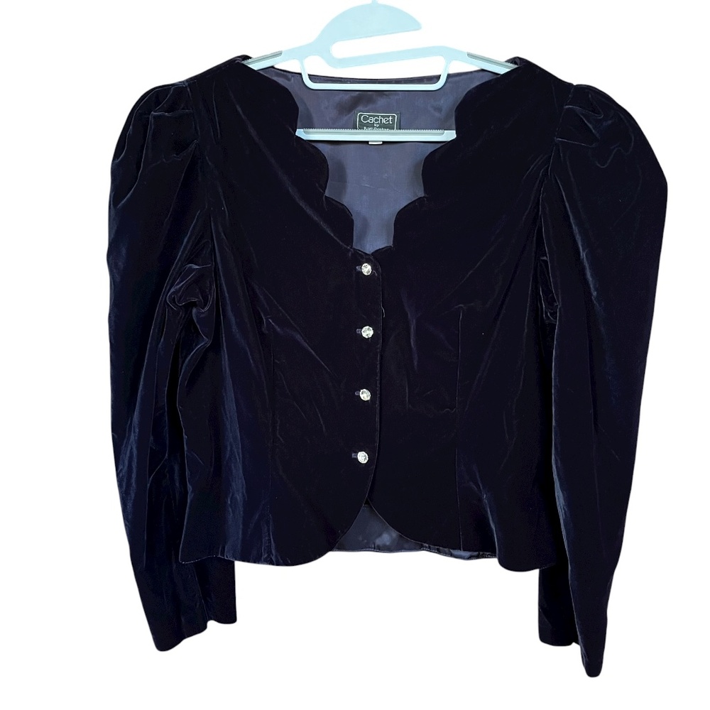 VTG Cachet By Bari Protas Deep Purple Velvet Puff Sleeve Blazer Jacket SZ 15/16